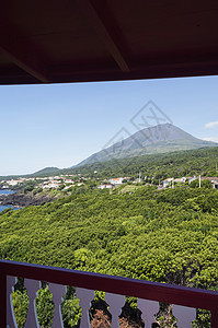 火山景观远景村庄海岸线植物群蓝色支撑海洋风景衬套全景图片