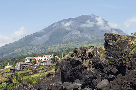 亚速尔州皮科火山地质学村庄天空全景植被环境边缘衬套海岸悬崖图片