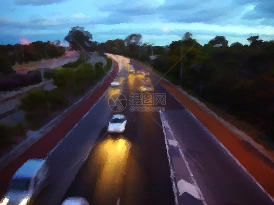 夜间公路头灯速度车道交通运输景观场景沥青城市蓝色图片