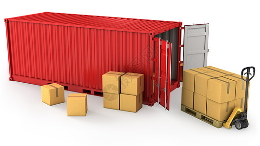 红色打开了集装箱和托盘上的许多纸箱仓库贮存商业白色出口运输卡车船运海洋工业图片