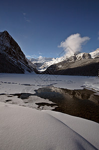 冬季的开放水反射水域山脉荒野树木丘陵场景风景太阳阴影图片