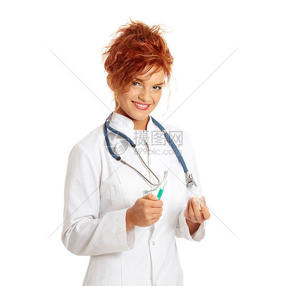 持有注射器的女医生或护士疫苗注射疾病诊所女孩实验室药品蓝色工作工人图片