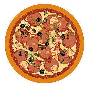 白色背景上真实的比萨披萨餐厅酱料面团蔬菜午餐洋葱茶点熏肉美食香肠图片