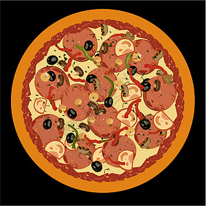 黑色背景上真实的比萨披萨餐厅脆皮美食馅饼烘烤香菜洋葱蔬菜酱料茶点图片