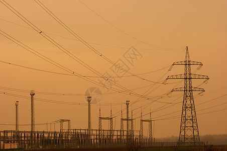 电力发电网络天空力量车站橙子电压柱子导体桅杆活力图片