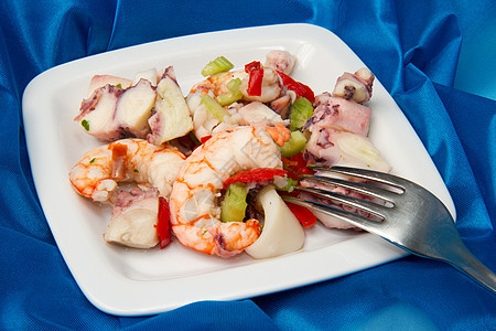 海产海鲜面条奢华沙拉饮食盘子午餐白色贝类起动机绿色异国图片
