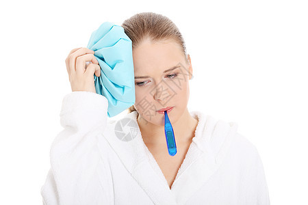 患有流感的年轻妇女保健感染测量成人发烧女士卫生乐器药品冰袋图片