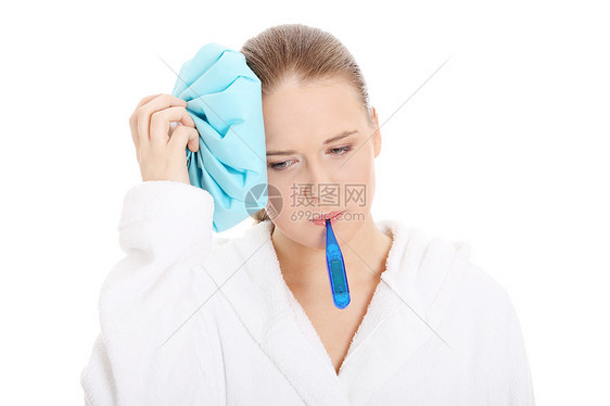 患有流感的年轻妇女保健感染测量成人发烧女士卫生乐器药品冰袋图片