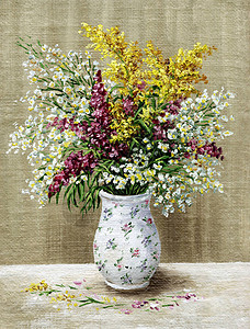 白色花瓶中的野花花束生日树叶插图手工绘画帆布艺术花瓣铭文图片