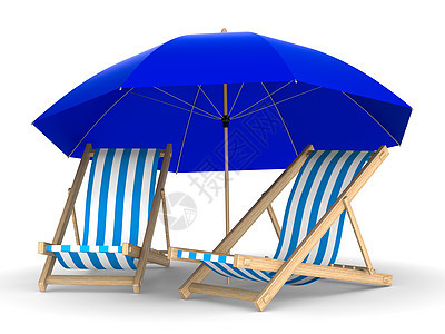 两张甲板椅和白色背景的阳伞 孤立的 3D 图像娱乐海滩假期长椅庇护所椅子木板休息闲暇旅游图片