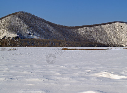 冬季风景雪堆草地白色蓝色场地天空木头阴影山坡图片