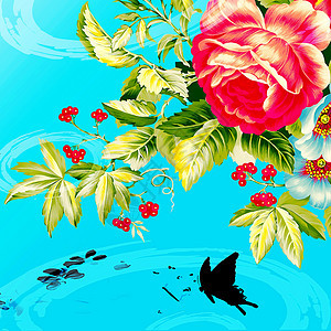 无缝蓝色背景相图花园媒体粉色海浪插图装饰品蝴蝶季节树叶曲线图片