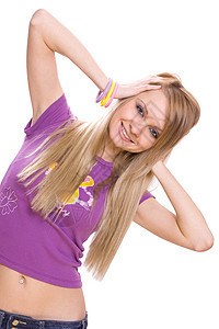 年轻女子紫色白色幸福牛仔裤微笑牛仔布快乐喜悦金发成人图片