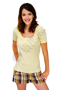 一名妇女装扮的近身衣物幸福微笑姿势白色女士短裤衣服图片