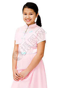 女孩摆姿势的肖像幸福白色衣服青春期孩子粉色连衣裙快乐童年裙子图片