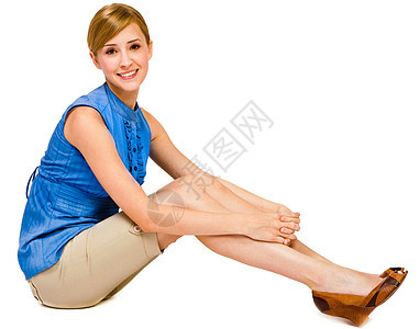 妇女装扮的肖像女士鞋类蓝色混血幸福凉鞋白色姿势美丽乐趣图片