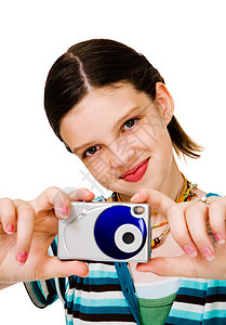 快乐的女孩拿着相机图片