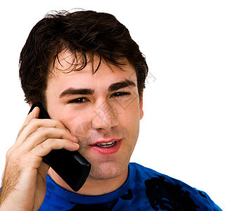 男人在手机上说话功能电话白色姿势沟通机动性技术乐趣电讯幸福图片