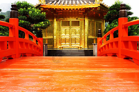 奇林努纳里和中国花园的东方金子馆公园建筑红色佛教徒宗教宝塔文化尼姑庵风景金子图片