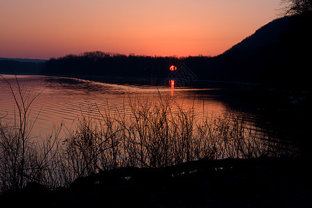 江上日出池塘反射沼泽树木公园天际红色图片