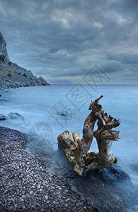 夜间的海水和木材卵石石头地平线场景液体风景蓝色天空海景海岸线图片