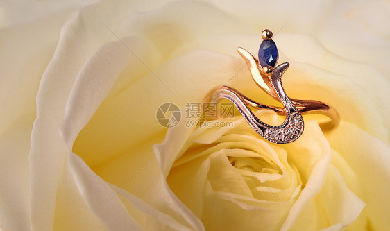 环在白玫瑰中蓝宝石首饰金属宝石婚礼邀请函钻石蜜月派对婚姻图片