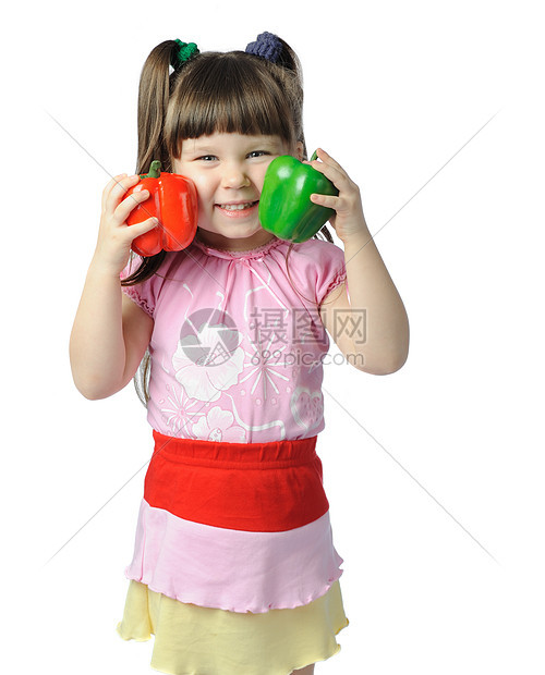 带彩色胡椒的小女孩女孩黑发孩子帽子蔬菜裙子女儿乐趣美丽姿势图片