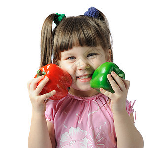 带彩色胡椒的小女孩衣服美丽孩子童年帽子眼睛食物姿势幼儿园头发图片