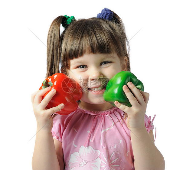 带彩色胡椒的小女孩衣服美丽孩子童年帽子眼睛食物姿势幼儿园头发图片