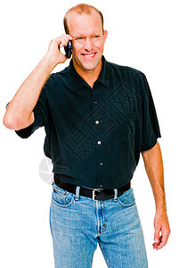 微笑的人在手机上说话电话衣服男人幸福技术电讯白色衬衫腰带细胞图片