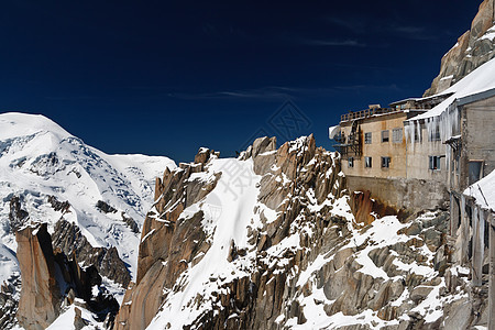 位于山的建筑岩石首脑天空顶峰冰川蓝色迷笛假期小屋旅游图片