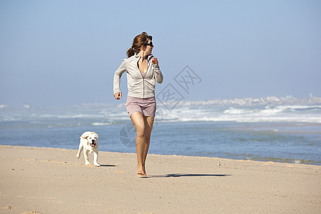 女孩带着可爱的狗闲暇海岸动物猎犬友谊宠物微笑跑步小狗海滩图片