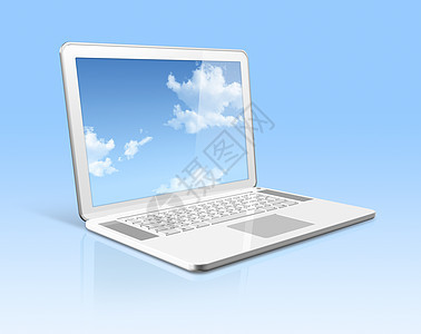 白笔记本电脑 有天空屏幕 蓝色隔离图片