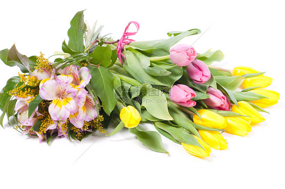 一堆鲜花树叶脆弱性植物群花朵黄色粉色绿色郁金香叶子花瓣图片