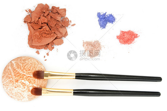 化妆粉和两个刷子皮肤矿物艺术家粉末宏观化妆品眼影腮红产品魅力图片