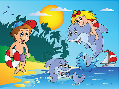 夏季海滩 有孩子和海豚图片