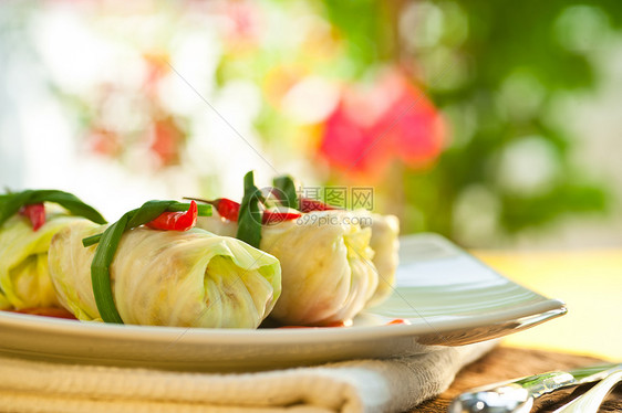 装满的卷心菜香料胡椒猪肉蔬菜树叶盘子美食餐厅食物牛肉图片