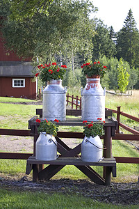 旧式牛奶罐谷仓农庄农村红色长椅农场乳制品日子牛奶国家图片