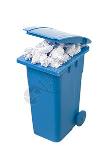 带纸张的回收桶处理摄影废物白色塑料环境回收站垃圾桶废纸蓝色图片