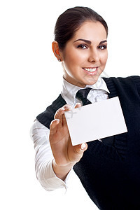 拥有名片的年轻女商务人士展示快乐工作室智力女性女士卡片微笑成人人士图片