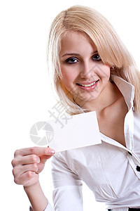 拥有名片的年轻女商务人士推介会女士商务快乐工人广告微笑卡片工作成人图片