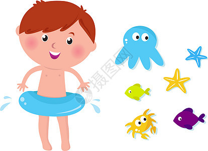 可爱的游泳男孩和海洋动物     孤立在白色背景上图片
