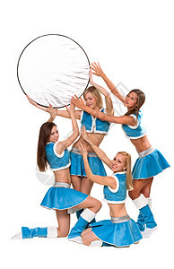 四雪少女女士团体黑发金发女郎白色女孩蓝色戏服微笑圆圈图片