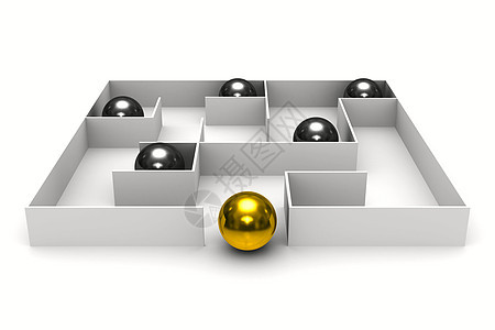 白色背景上的迷宫圆球 孤立的 3D 图像黑色解决方案金子插图黄色玩具游戏对抗领导逻辑背景图片