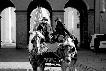 骑马在奥地利萨尔茨堡市中心骑马历史性旅行运输城市游客阳光旅游天气地标日落图片