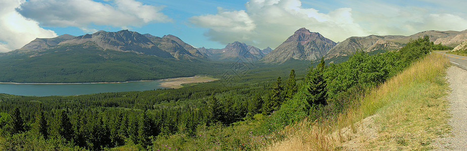 冰川国家公园的全景观蓝色荒野树木公园假期反射国家远足首脑环境图片