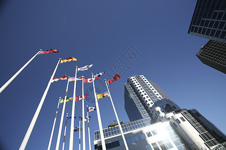 温哥华市中心的旗帜和建筑物图片