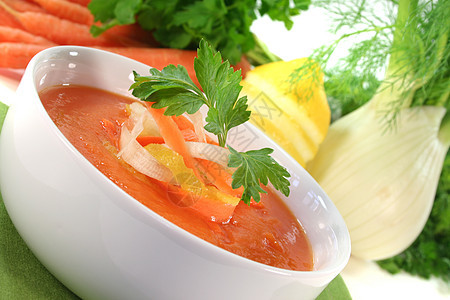 胡萝卜汤烹饪蔬菜根茎类泥状茴香食物草药绿色橙子厨房图片