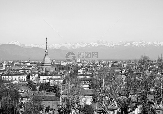 都灵视图城市爬坡山脉天际中心白色黑色全景鸟眼图片