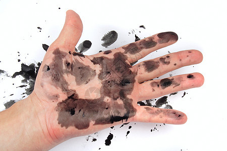 脏手白色墨水指甲油手印手绘男人女士乐趣娱乐棕榈背景图片